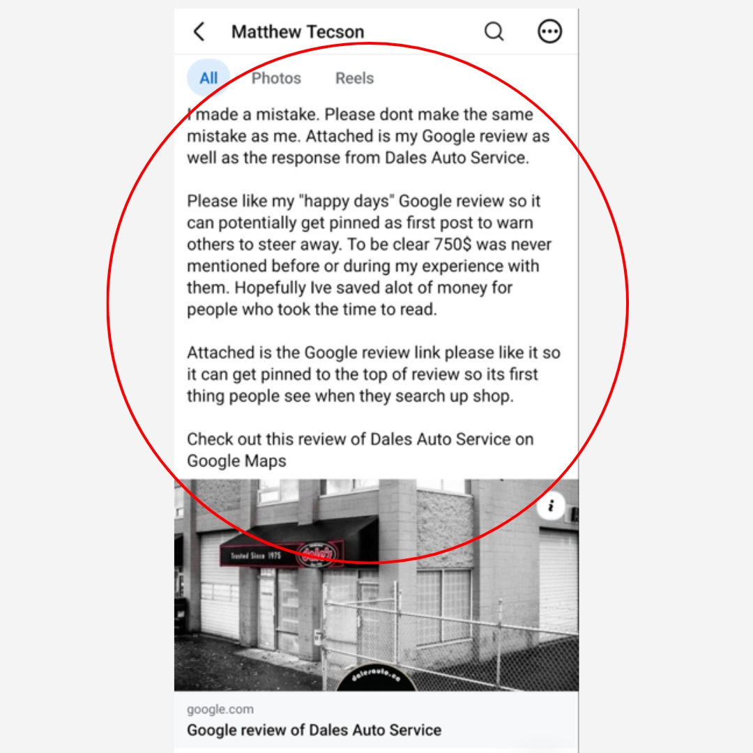 Screenshot of a google maps review for dales auto service with a long text asking others to like and pin the review storefront image visible below black and white