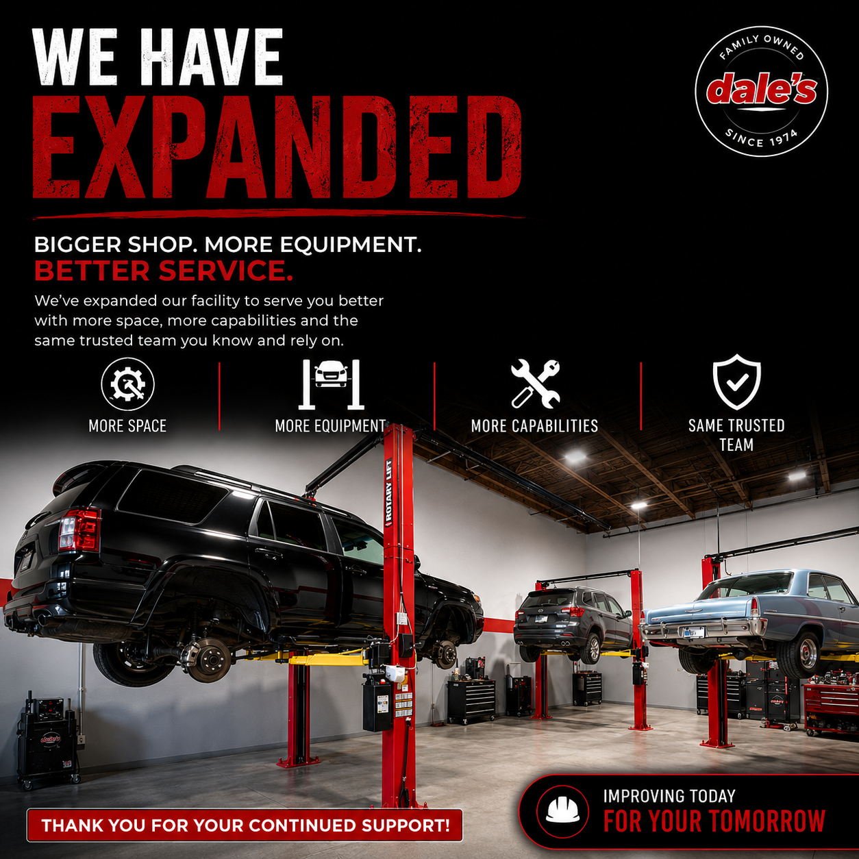 Auto Repair & Tires in Surrey & Langley | Dales Auto Service | Dales Auto Service 604-530-9160 | Auto Repair, Brakes, Tires, Wheel Alignment Service Near Me Surrey Bc Promotional banner for dales auto shop showing a black workshop with lifted black suv in foreground and text about an expanded facility and better service logo in the top right