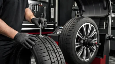 Technician wearing black gloves measuring tire tread depth with a gauge in a professional auto repair shop