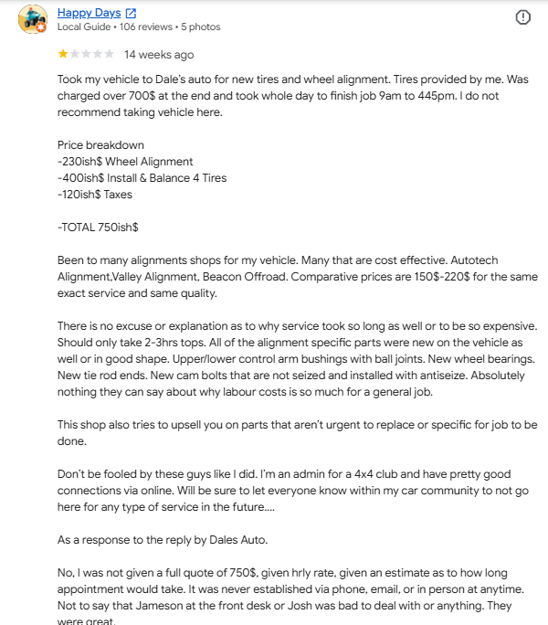 Screenshot of a google review for happy days auto shop detailing a tire and wheel alignment service and pricing breakdown