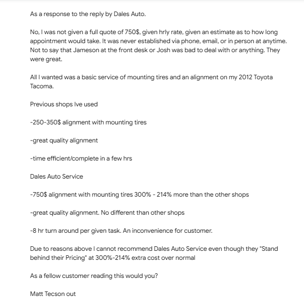 Screenshot of a customer letter criticizing dales auto services pricing and wait times comparing quotes $$ vs $ and ending with matt tecson out